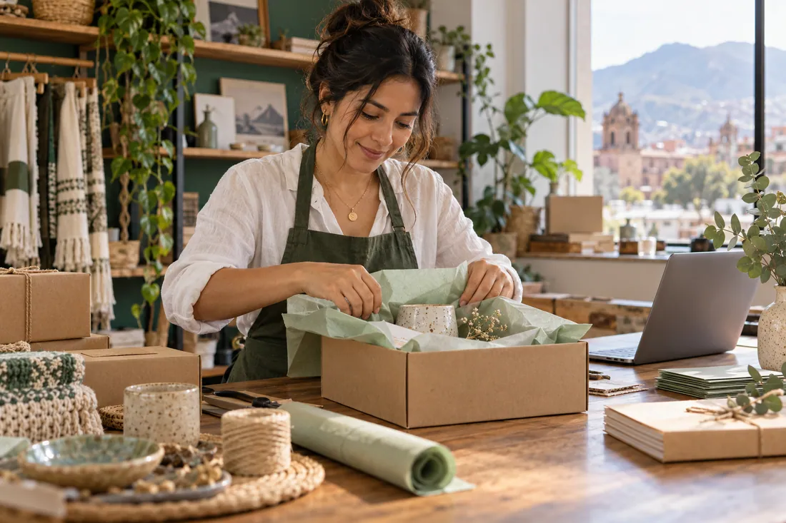 Emprendedora preparando un pedido en su tienda.