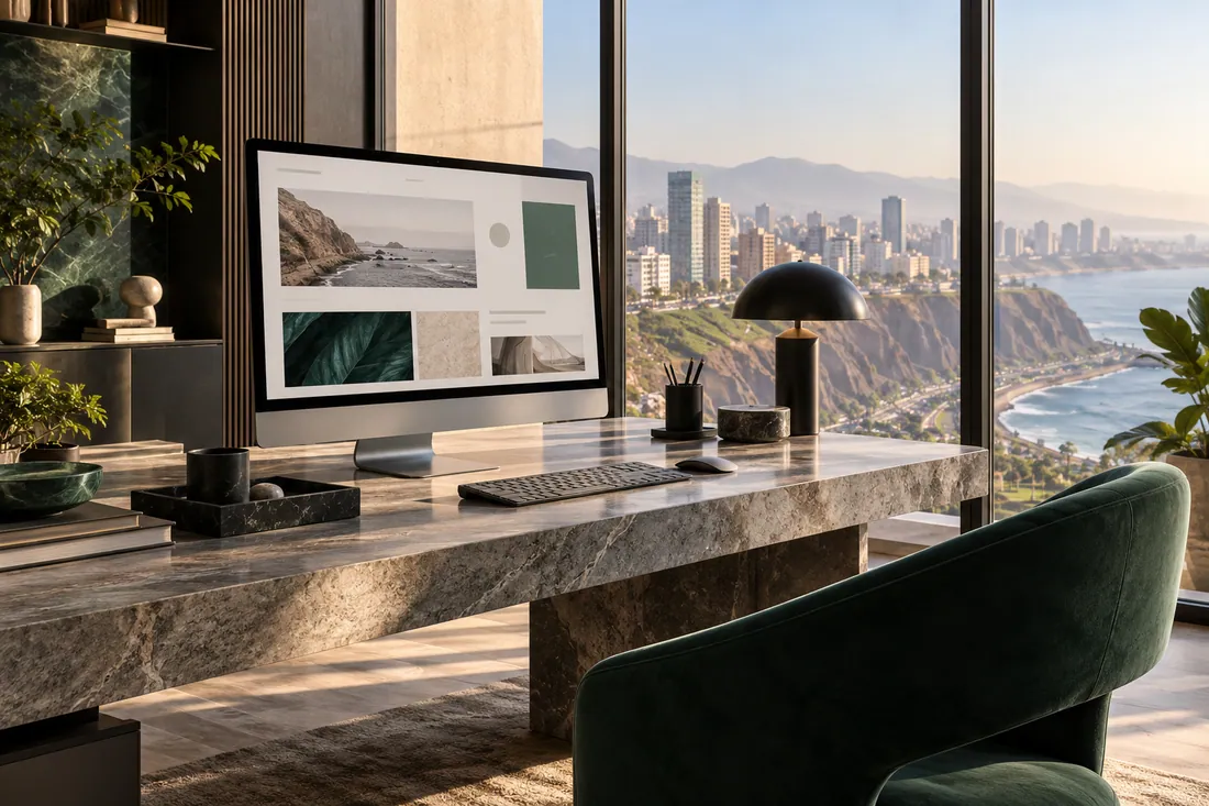 Espacio empresarial con una web diseñada en pantalla.